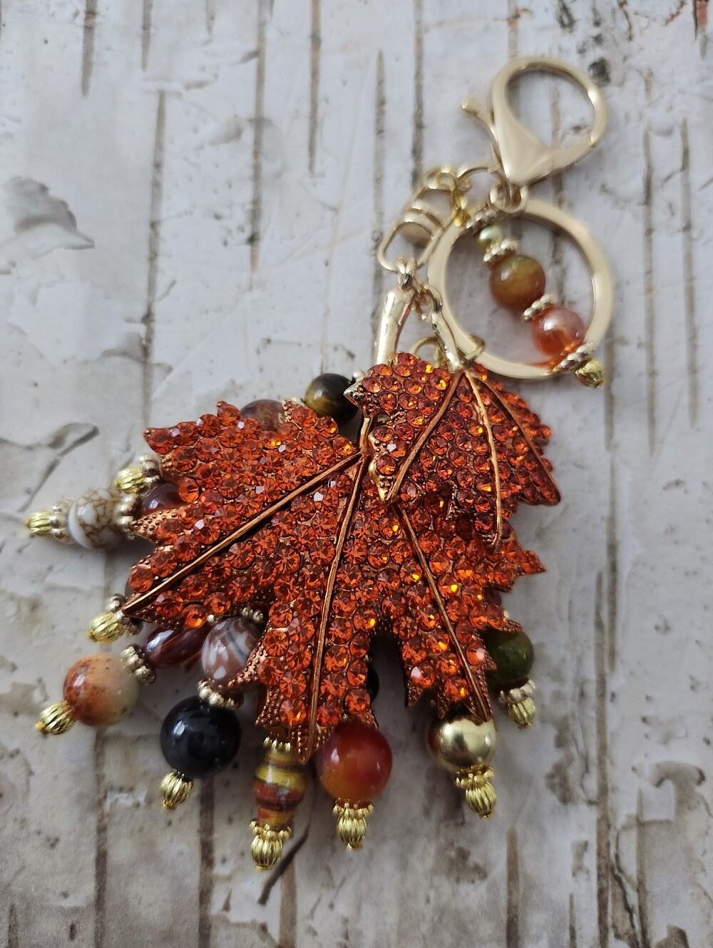 Autumn Leaf Purse Charm or Keychain Fire Agate Jasper Carnelian Handcrafted